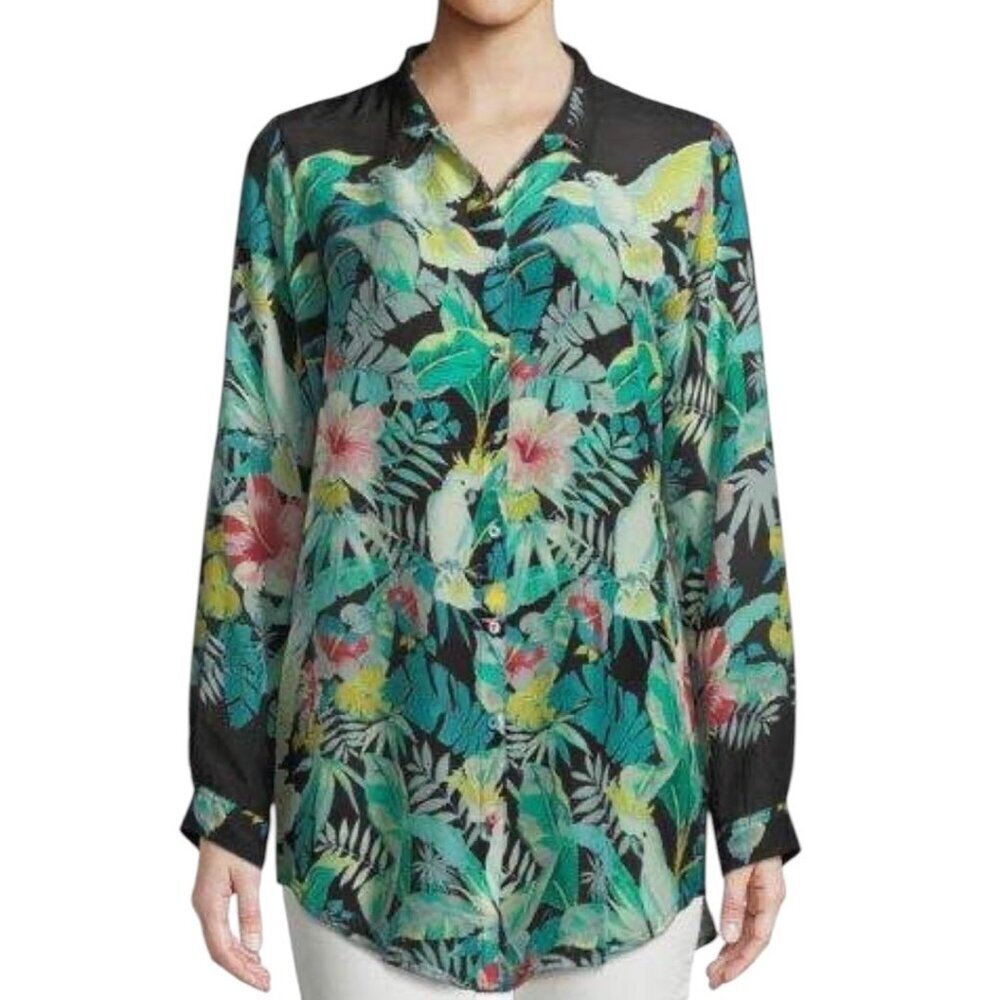 Johnny Was Solo Button Up Blouse Womens Size XS Tropical Bird Print Tunic Boho